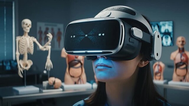 Young person experiencing virtual reality headset in science laboratory for medical education training simulation technology concept