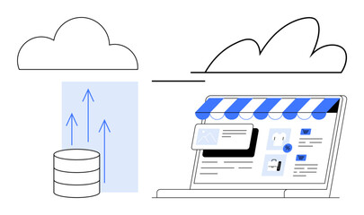 Cloud and database connected with upward arrows, data uploading to digital storefront. Ideal for e-commerce, cloud computing, database management, IT solutions, data transfer, online retail