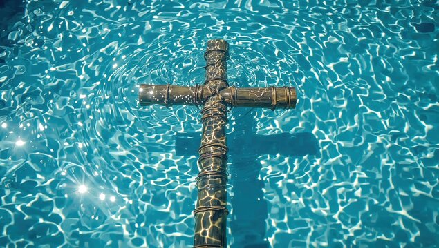 Metal cross floating in sunlit blue pool water with rippling reflections and spiritual symbolism