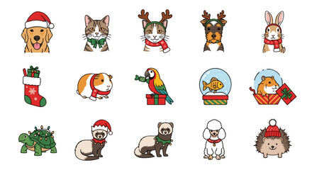 Festive holiday animal collection featuring christmas pets and holiday stocking with gifts for seasonal designs