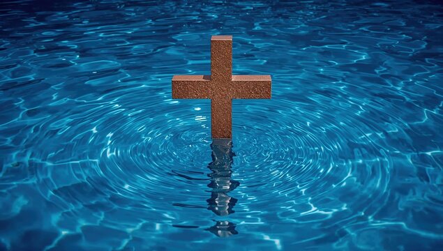Bronze cross floating on blue water with ripples and reflection, symbolizing faith, spirituality, calm, and tranquility