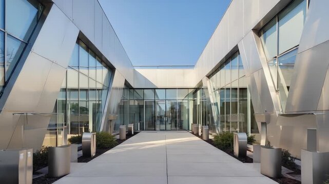 Modern Architectural Building Entrance with Glass Doors, Metal Cladding, Concrete Walkway, and Clean Lines under a Clear Blue Sky