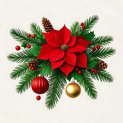 Christmas poinsettia and fir branch decoration isolated on white background