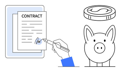 Hand signing contract document, piggy bank, and coin highlight financial agreements, savings, investment, and legal commitment. Ideal for finance, budget, investment insurance legal contract
