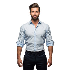 Fototapeta premium A professional man wearing a light blue button up shirt and dark trousers standing firmly isolated on transparent background