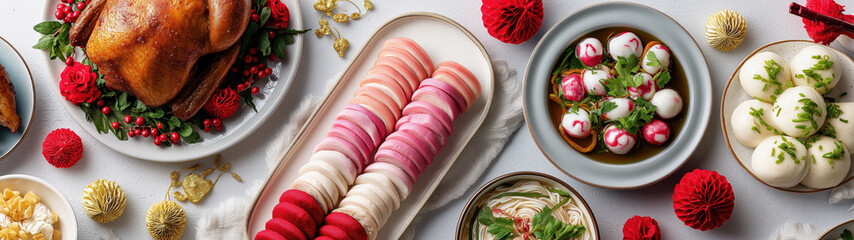 Chinese New Year reunion dinner flat lay. Traditional Asian food feast with roasted chicken, steamed buns, and soup. Festive holiday meal top view banner