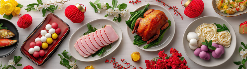 Chinese New Year reunion dinner flat lay. Traditional Asian holiday food feast on a white wooden table. Top view of roasted chicken, fish, and tangyuan with festive decorations