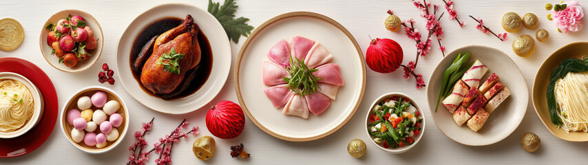 Festive flat lay of traditional Chinese New Year food. Asian holiday reunion dinner with roast duck, noodles, and tangyuan. Top view banner of a celebration feast