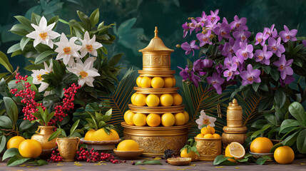 Ornate Asian still life with a golden pagoda of citrus fruits and flowers. Luxurious spiritual offering symbolizing abundance and prosperity