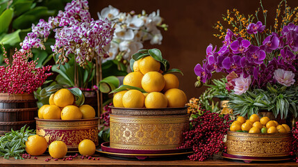 Ornate display of mandarin oranges and orchids for Chinese New Year. Traditional still life arrangement symbolizing abundance and prosperity. Festive Lunar New Year decoration