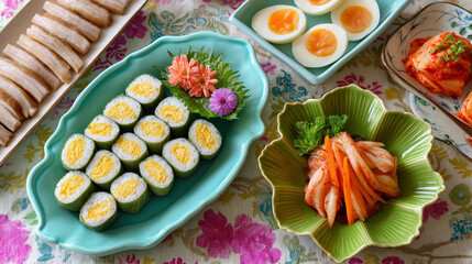 A traditional Korean food spread with bossam sliced pork belly and kimchi. An appetizing meal featuring rice rolls with egg and soft-boiled eggs on a colorful table