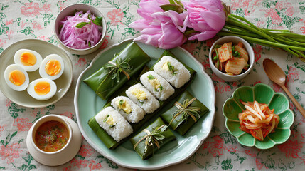 Traditional Asian meal with rice wrapped in banana leaves and side dishes. Flat lay of a healthy homemade lunch with eggs and kimchi. Top view food photography