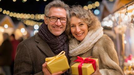 Smiling mature couple holding gifts at a Christmas market at night. Happy senior man and woman enjoying a festive holiday evening together