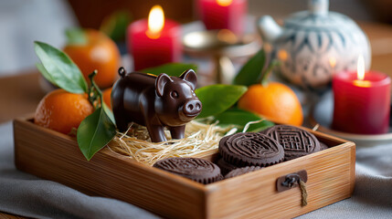 A chocolate pig figurine and cookies in a wooden box for Chinese New Year. Festive still life with tangerines and candles celebrating the Year of the Pig.