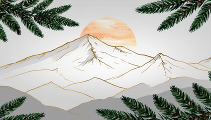 Golden Line Mountain Landscape with Evergreen Branches – Minimalist Nature Illustration