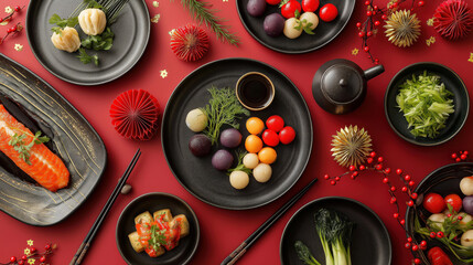 Festive Chinese New Year dinner table with traditional Asian food. Top view flat lay of salmon, dumplings, and colorful tangyuan on a red background. Holiday celebration meal concept
