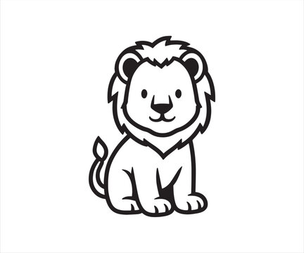 Cute Cartoon Lion Sitting Line Art Vector Illustration