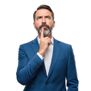 Thoughtful mature man with beard wearing a blue suit and white shirt pondering deeply isolated on transparent background