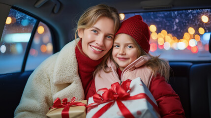 Happy mother and daughter with gifts in the back seat of a car. Smiling family celebrating a winter holiday at night