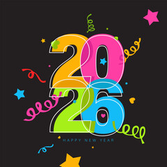 Colorful Happy New Year 2026 Graphic with Stars and Ribbons on Dark Background