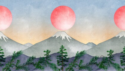 Watercolor Mountain Landscape with Red Sun and Spruce Trees – Minimalist Nature Pattern
