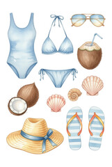 Watercolor Summer Vacation Set with Swimsuits, Coconut