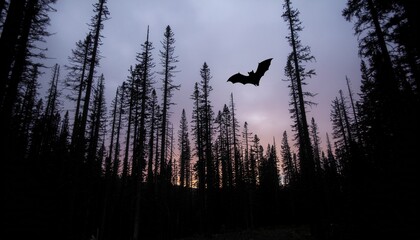 Bat Silhouette Flying Over Forest at Twilight