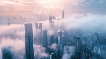 Aerial view of a modern city skyline shrouded in fog. Tall skyscrapers rise above the clouds, illuminated by soft sunlight during dawn.
