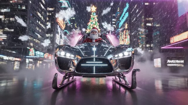 High-tech Santa sleigh flying through futuristic neon city with holographic Christmas lights and reflections on wet pavement &mdash; cinematic 16:9 cyber holiday video