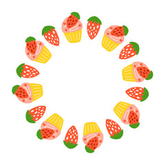 Cute round wreath with strawberry cupcakes and berries isolated on white background.