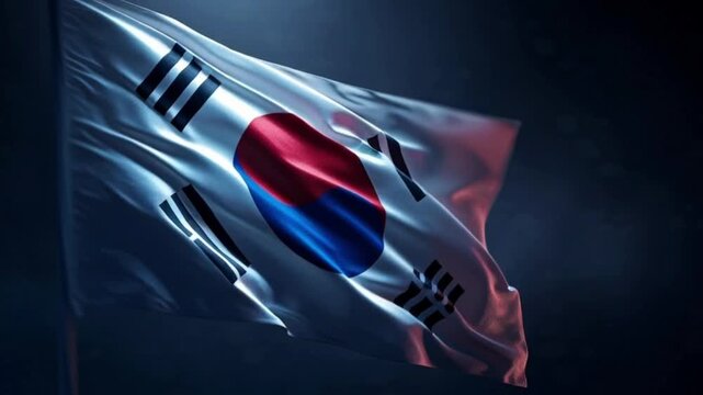 Cinematic View of a Waving Korean Flag Fluttering in the Breeze, Featuring the Iconic Taegeukgi with Red and Blue Yin-Yang and Black Trigrams, Symbolizing National Pride, Heritage, and Unity