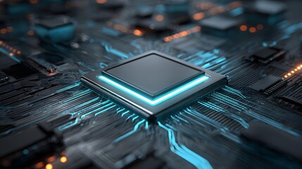 Detailed closeup of a central processing unit glowing with internal light on a complex electronic board