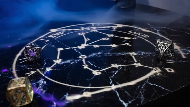 Ornate Polyhedral Dice on Marble Table with Mystical Symbol, Smoke, Fantasy Game, Role Playing, Magic, and Occult Theme