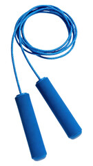 Blue Skipping Rope Isolated on White Background. Cardio Exercise Equipment, Fitness Training, Healthy Lifestyle, Sport and Recreation, Top View, Flat