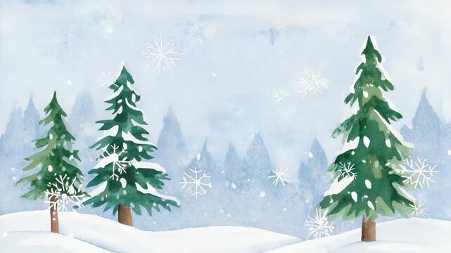 Watercolor Winter Landscape with Evergreen Trees, Snowflakes, and Snowy Hills, Hand-Painted Illustration for Christmas and Holiday Season Design