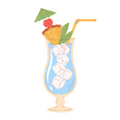 Blue Hawaii cocktail vector illustration. Tropical blue drink with ice, pineapple, cherry, paper umbrella in a tall hurricane glass. Playful modern hand drawn flat style.