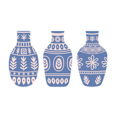 Hand drawn set of modern stylized ceramic vases or pots with ethnic folk ornaments in blue and pale pink colors. Minimalist flat vector illustration, for bohemian or scandinavian design projects