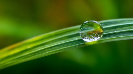 Single perfect sphere of clear water rests upon the surface of a vibrant green blade of grass.