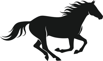 Dynamic silhouette of a black horse galloping freely across a white background