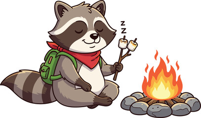 Camping raccoon mascot, cartoon animal character, roasting marshmallows, cozy outdoor illustration, sleeping wildlife design, campfire scene, playful vector art © IconicCreations