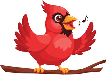 Cartoon cardinal bird, bright red singing mascot, perched on branch, expressive eyes, cheerful animated pose, musical note, vector art, children’s illustration, cad drawing flat vector illustration