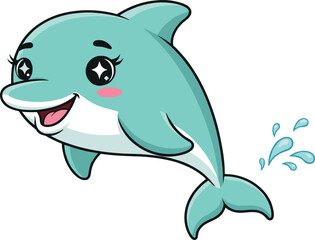 Cartoon dolphin character, playful marine animal, smiling ocean creature, water splash design, sea wildlife illustration, cute vector art, children education theme