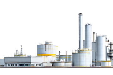  Industrial Chemical or Processing Plant with Storage Silos and Smokestacks Isolated PNG