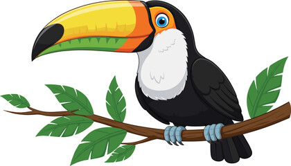 Naklejka premium Cartoon toucan perched on tree branch with colorful beak, vibrant tropical bird character, children’s wildlife design, cad drawing flat vector illustration