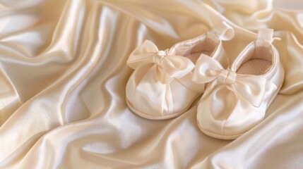 A pair of delicate cream baby shoes with bows rests on a soft, silky fabric. The shoes are designed for infants and showcase a classic style.