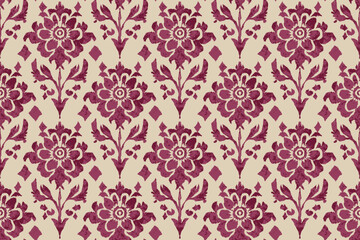 Ethnic ikat floral embroidery seamless pattern with vintage damask ornament, abstract boho folk art fabric texture design for clothing, decorative ornamental textile wallpaper background illustration.