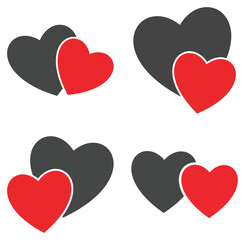 Four heart icons in black and red, representing love, health, and relationships