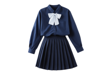  Japanese JK Style School Uniform Navy Blue Skirt and Blouse with Bow Tie Isolated PNG