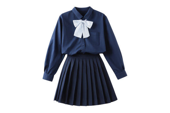  Japanese JK Style School Uniform Navy Blue Skirt and Blouse with Bow Tie Isolated PNG