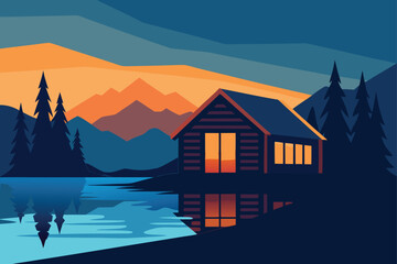 Serene Mountain Cabin Retreat Lake Reflection Scenic Vector Illustration Evening Dusk Landscape Minimalist Nature Scenery Outdoors Tranquility